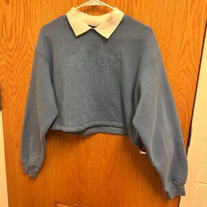 Forever 21 Blue Paris Embroidered Fleece Lined Cropped Sweatshirt